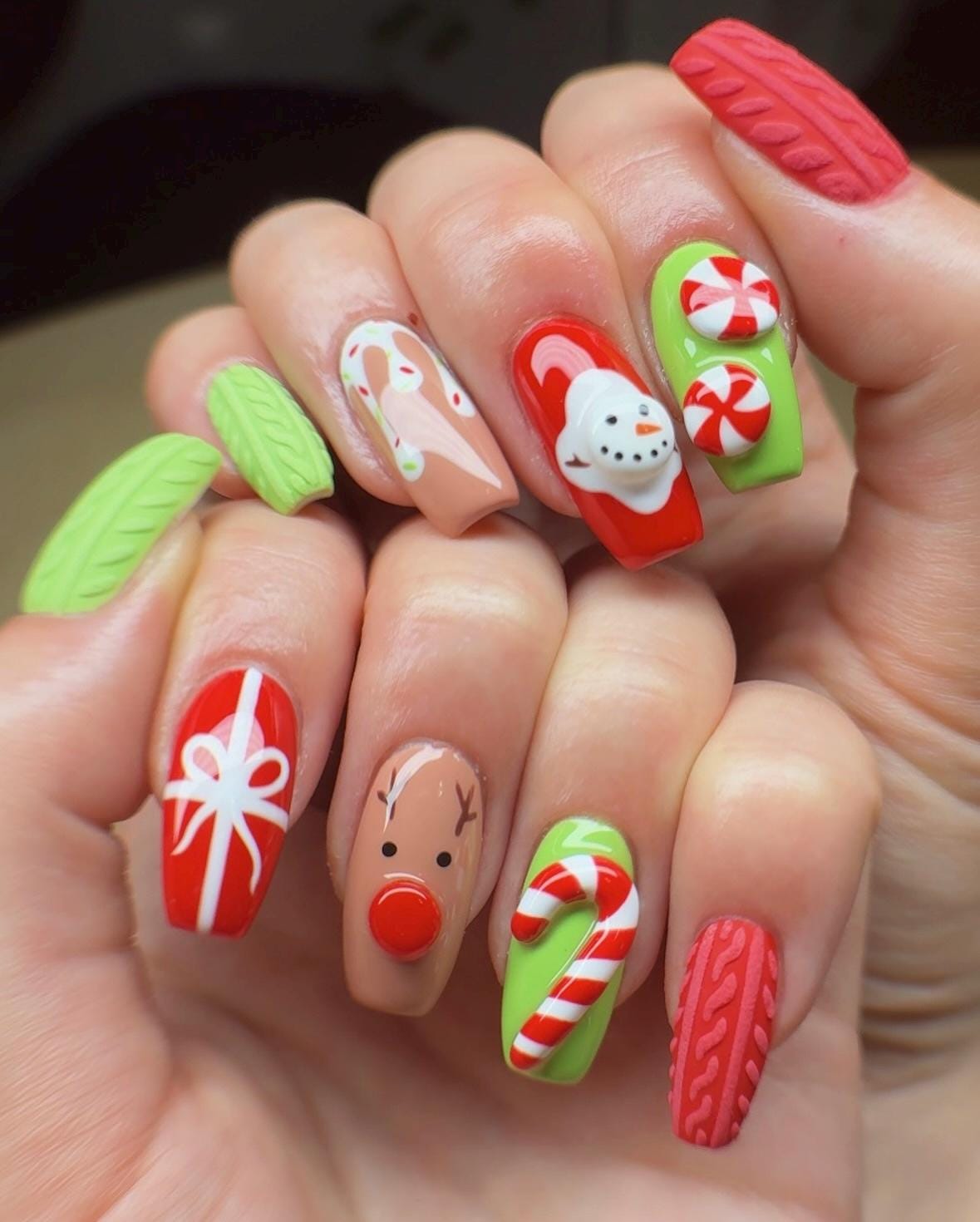 3D Christmas press-on Nails: Reindeer, Snowman, Candy Cane.