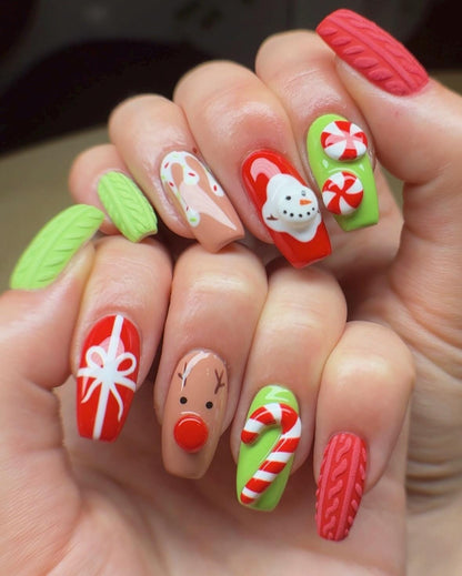 3D Christmas press-on Nails: Reindeer, Snowman, Candy Cane.