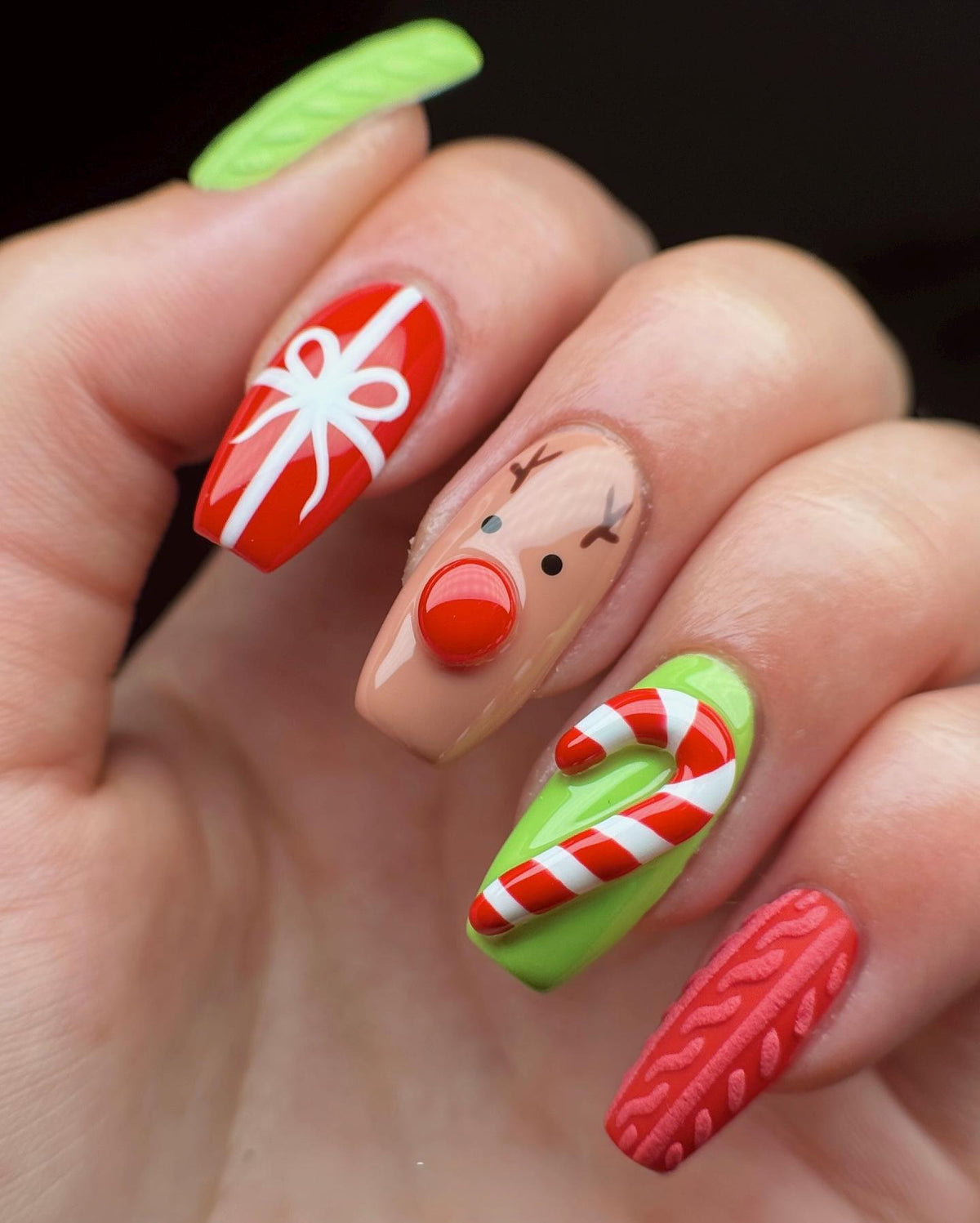 3D Christmas press-on Nails: Reindeer, Snowman, Candy Cane.