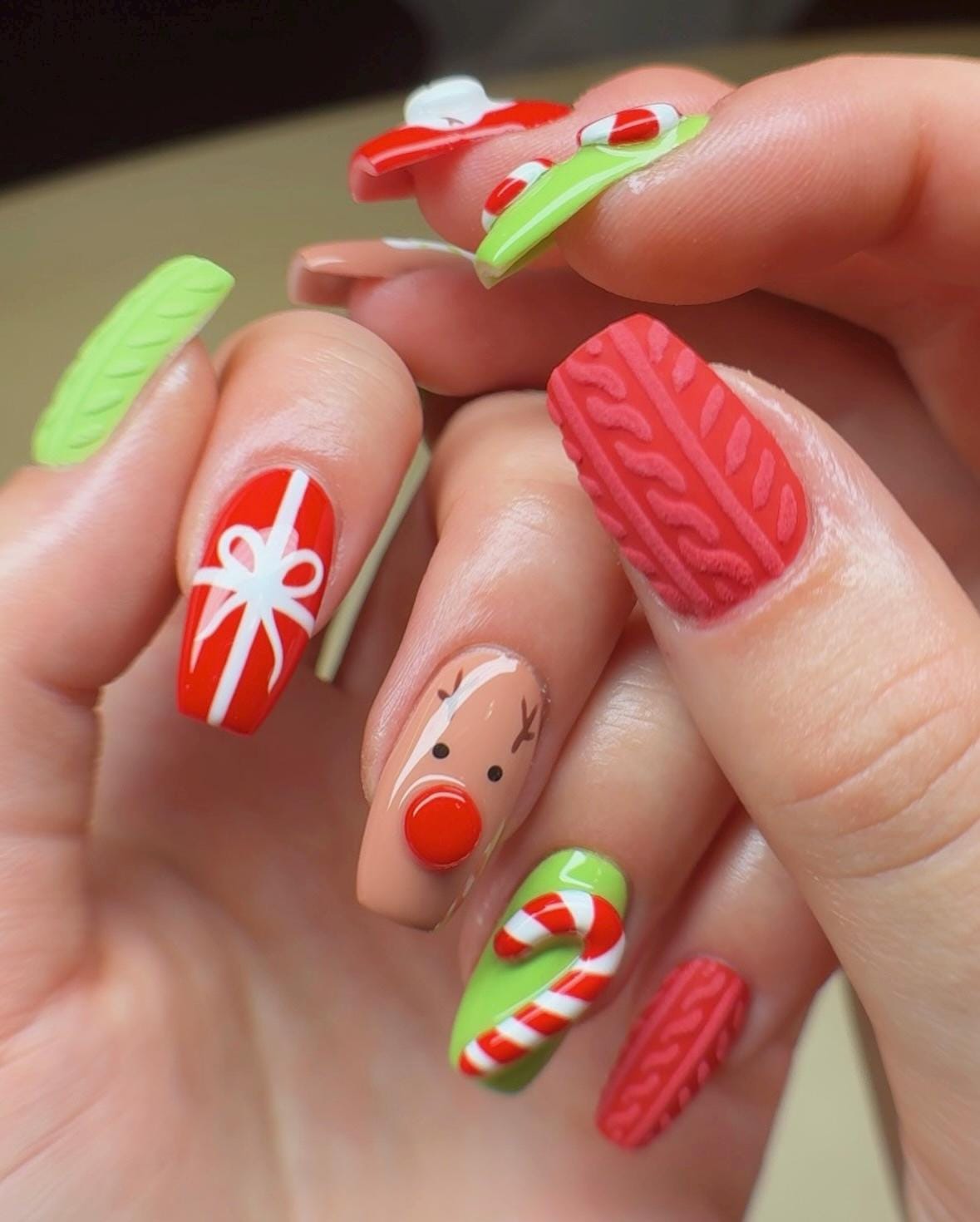 3D Christmas press-on Nails: Reindeer, Snowman, Candy Cane.