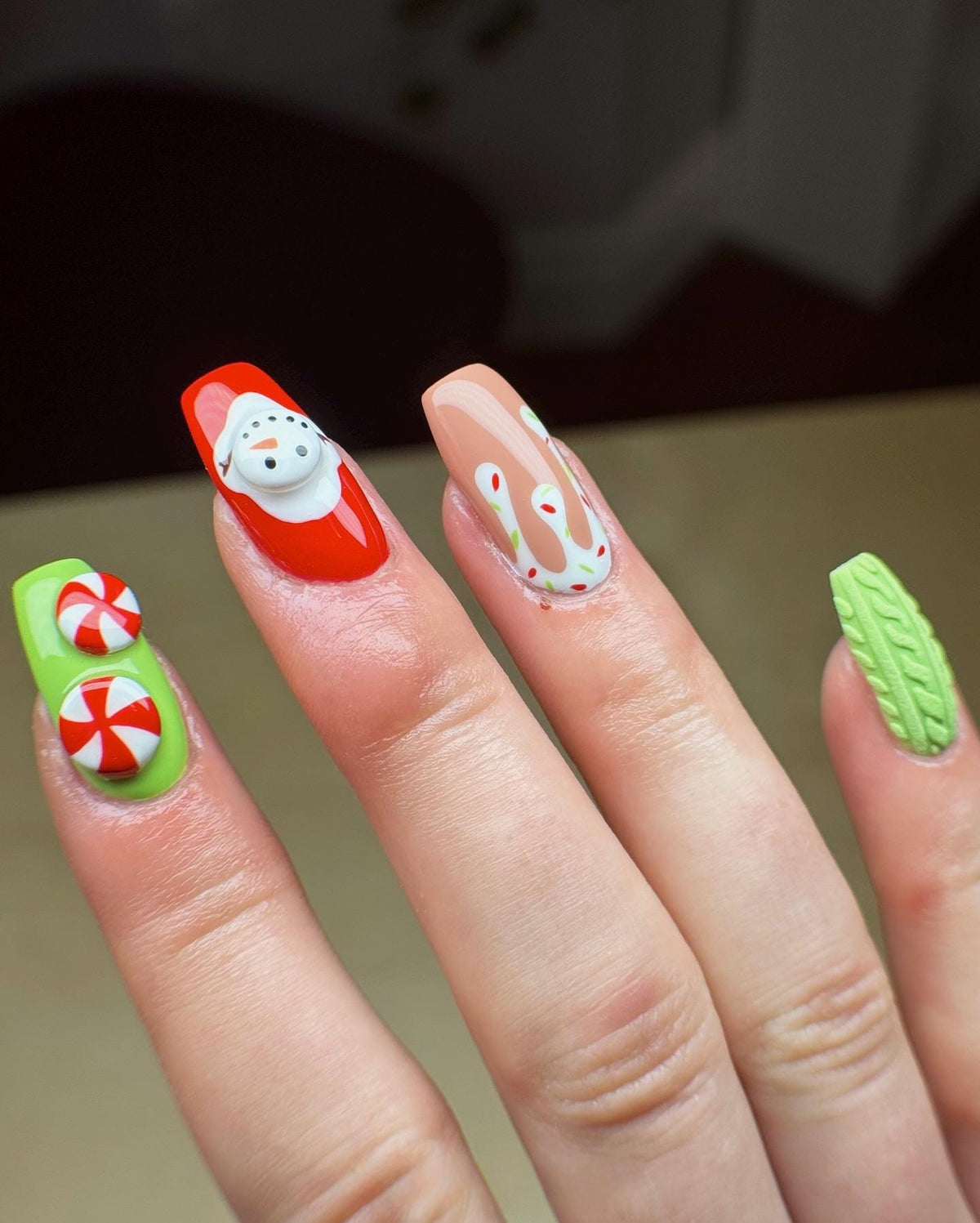 3D Christmas press-on Nails: Reindeer, Snowman, Candy Cane.