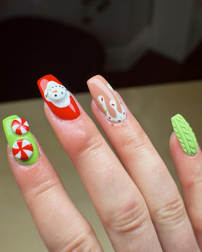 3D Christmas press-on Nails: Reindeer, Snowman, Candy Cane.