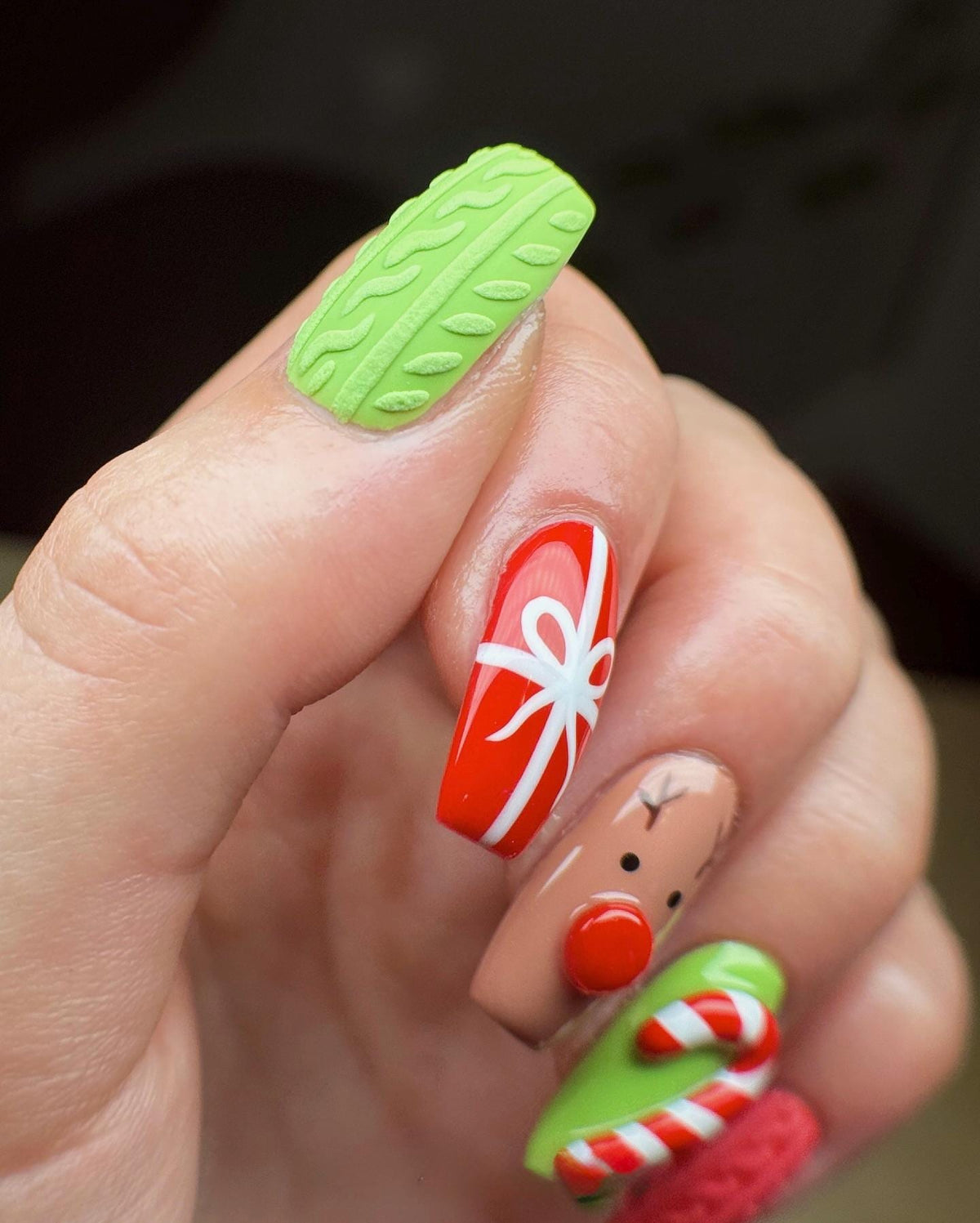 3D Christmas press-on Nails: Reindeer, Snowman, Candy Cane.