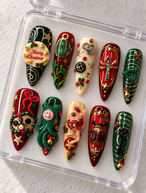 Ten red, green and ivory stiletto Christmas press-on nails with gold stars, holly, bows and sculpted characters.