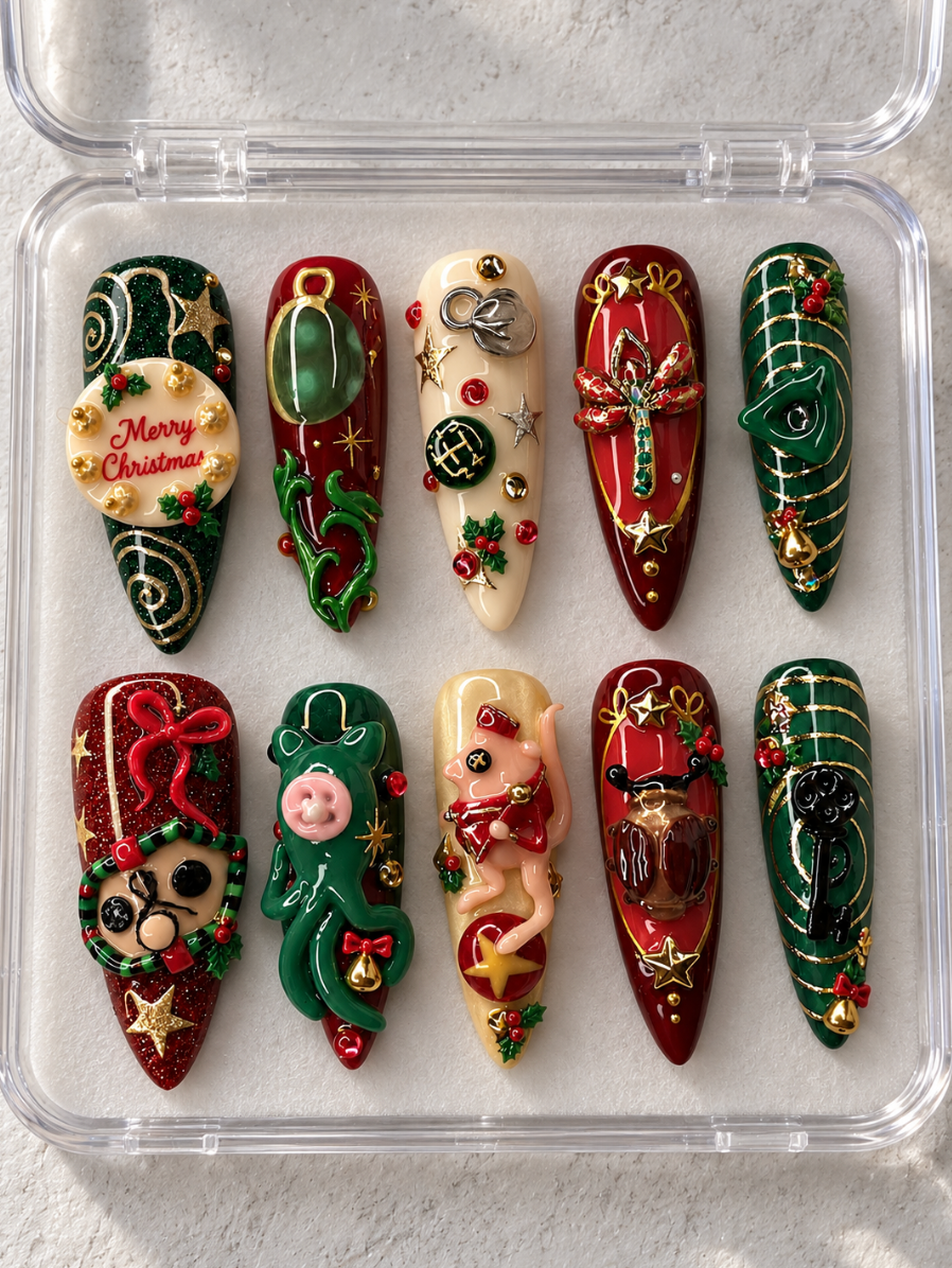 3D Christmas press-on Nails; Whimsical Red and Green Holiday Stiletto Set.