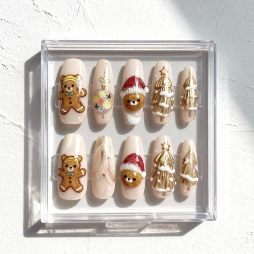 3D Christmas Teddy Bear press-on Nails: Holiday Nail Art.