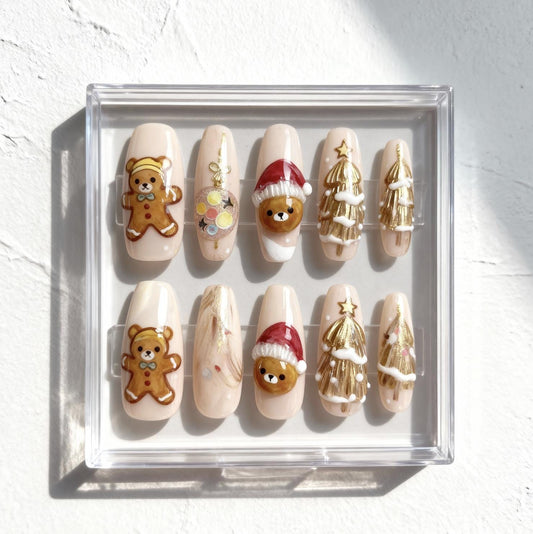3D Christmas Teddy Bear press-on Nails: Holiday Nail Art.