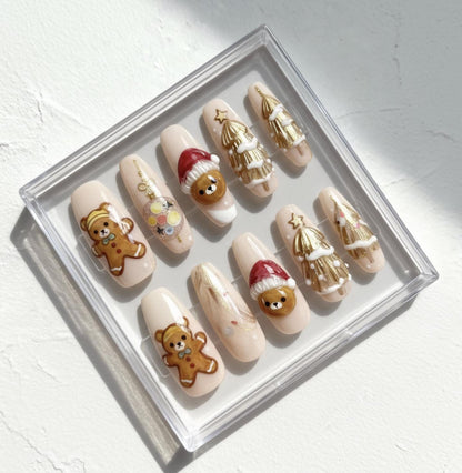 3D Christmas Teddy Bear press-on Nails: Holiday Nail Art.