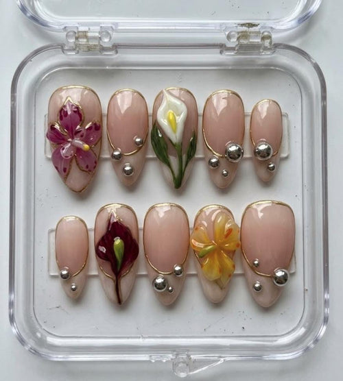 3D Floral Nude press-on Nails; Elegant Flower Nails.