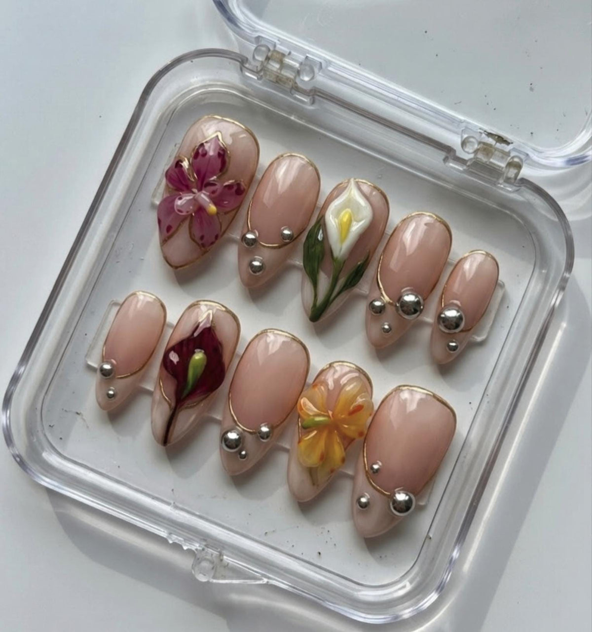 3D Floral Nude press-on Nails; Elegant Flower Nails.