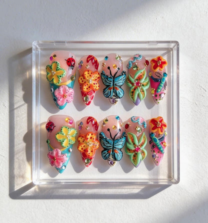 3D Floral press-on Nails; Butterfly Garden Nails.