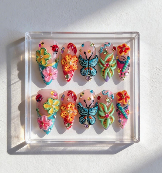 3D Floral press-on Nails; Butterfly Garden Nails.