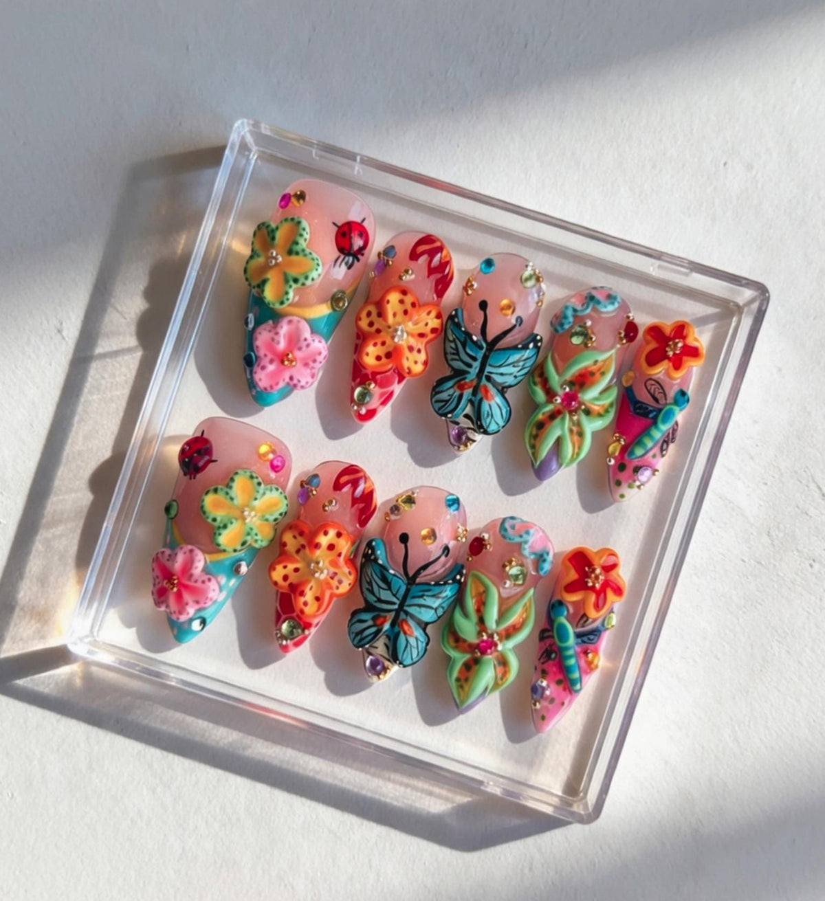 3D Floral press-on Nails; Butterfly Garden Nails.