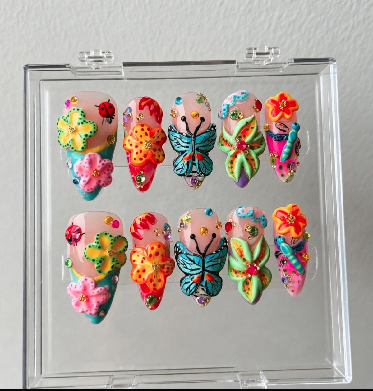 3D Floral press-on Nails; Butterfly Garden Nails.