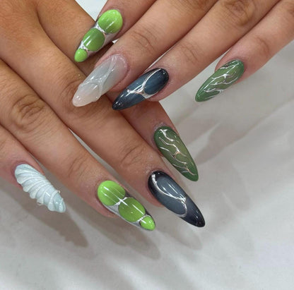 3D Green Chrome press-on Nails: Abstract Silver Line, Long Coffin.