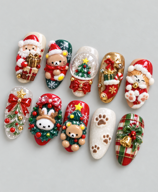 3D Holiday press-on Nails; Cute Bears, Bunny, Cat and Snow Globe Nail Art.