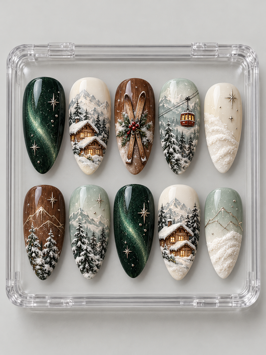 Ten green, sage, ivory and chestnut Christmas press-on nails with snowy chalets, mountains, cable car, vintage skis and fir trees.