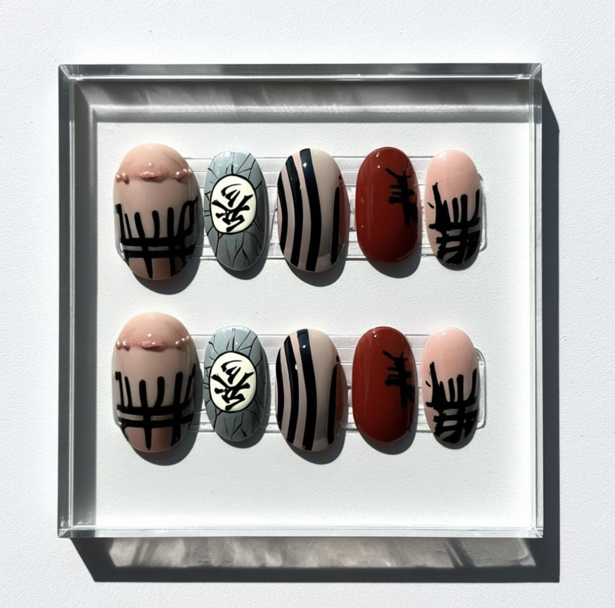 Anime Inspired Nail Art; Handmade Japanese Manga press-on Nails, Akaza Demon Design, Cool Character Nail Set, Custom Hand Painted Nails.