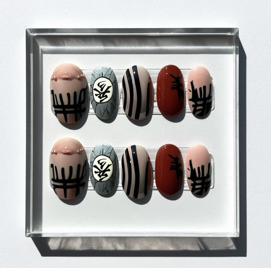 Anime Inspired Nail Art; Handmade Japanese Manga press-on Nails, Akaza Demon Design, Cool Character Nail Set, Custom Hand Painted Nails.