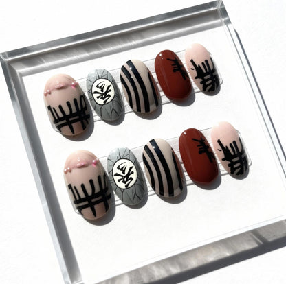 Anime Inspired Nail Art; Handmade Japanese Manga press-on Nails, Akaza Demon Design, Cool Character Nail Set, Custom Hand Painted Nails.