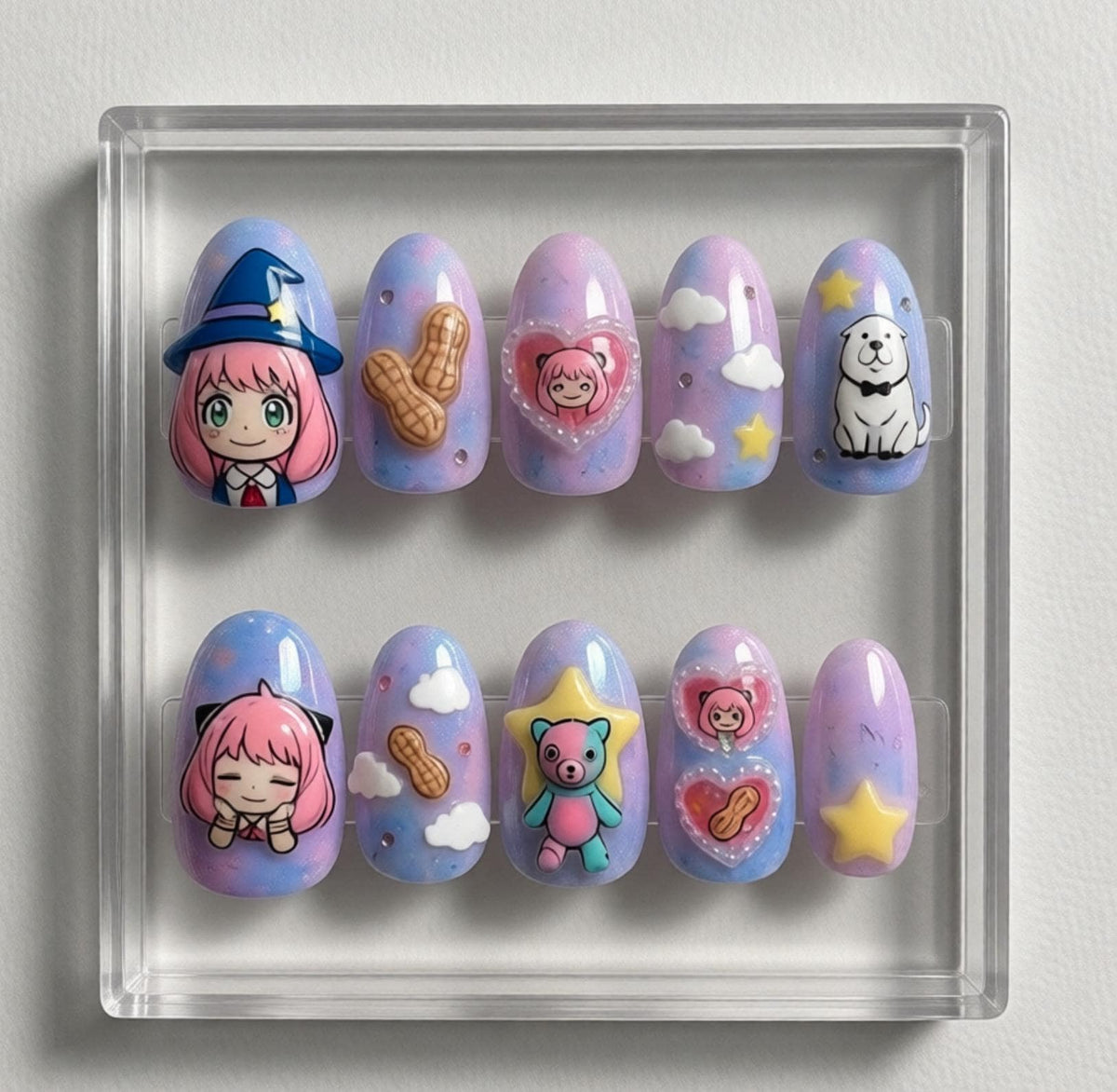 Anya Inspired press-on Nails; Pastel Anime Nails.