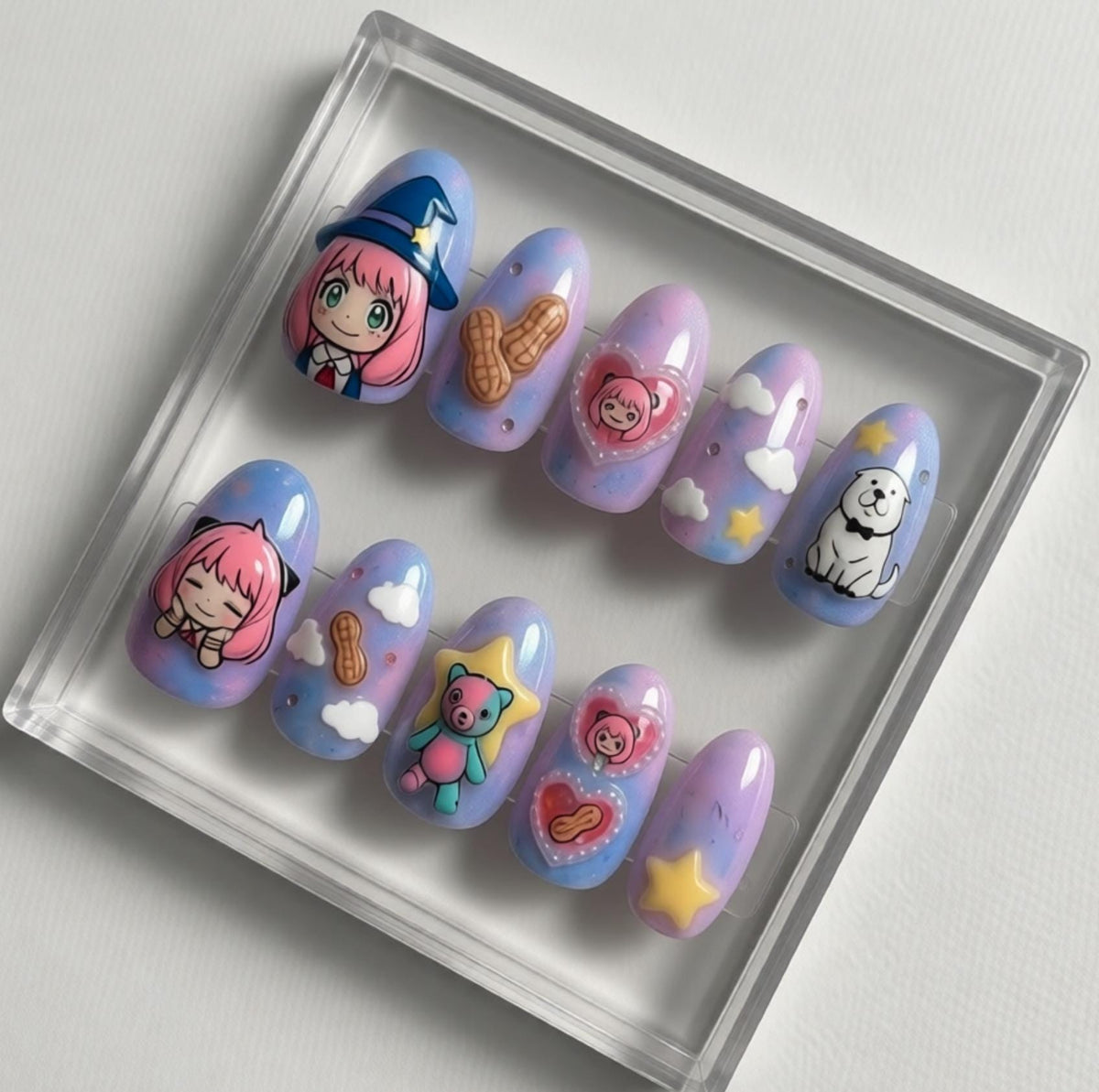 Anya Inspired press-on Nails; Pastel Anime Nails.