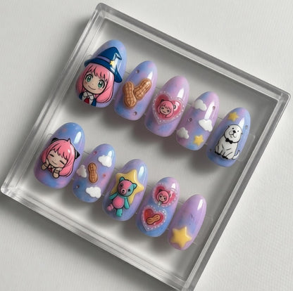 Anya Inspired press-on Nails; Pastel Anime Nails.