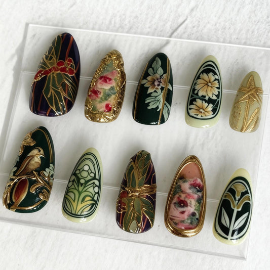 Art Nouveau press-on Nails; Handmade Dark Green Floral Nail Set, Elegant Gold Accent Nails, Vintage Botanical Design, Custom Reusable Nail.