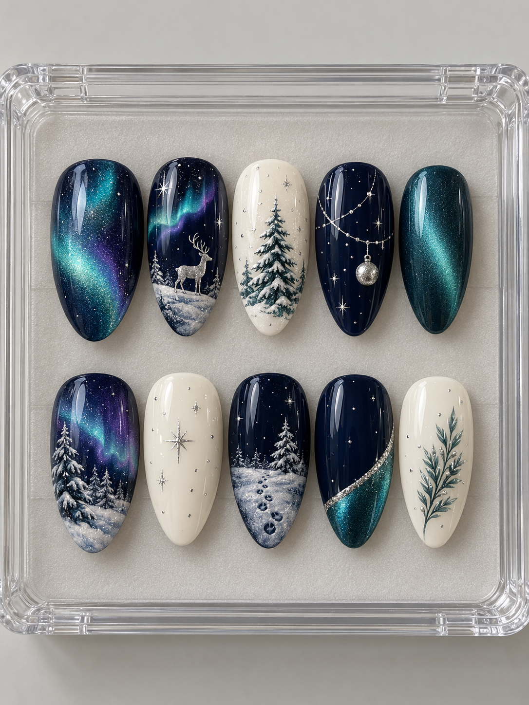 AI design mockup: Ten navy, teal and ivory Christmas press-on nails with aurora landscapes, reindeer, snowy pines, silver-colour bauble and snowy trail.