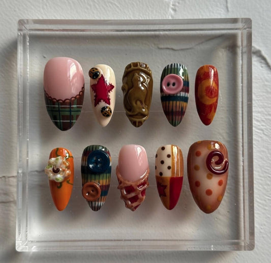 Autumn Cottagecore press-on Nails; Cozy Fall Nail Art.