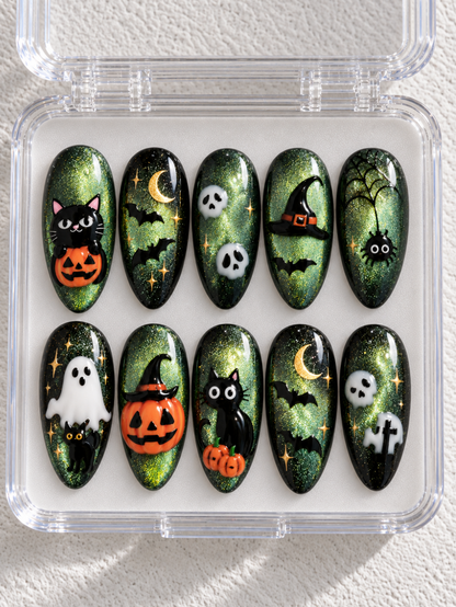 Black Cat Halloween press-on Nails, Green Cat Eye Nails, 3D Ghost Pumpkin Nails, Cute Spooky Witchy Nail Art.