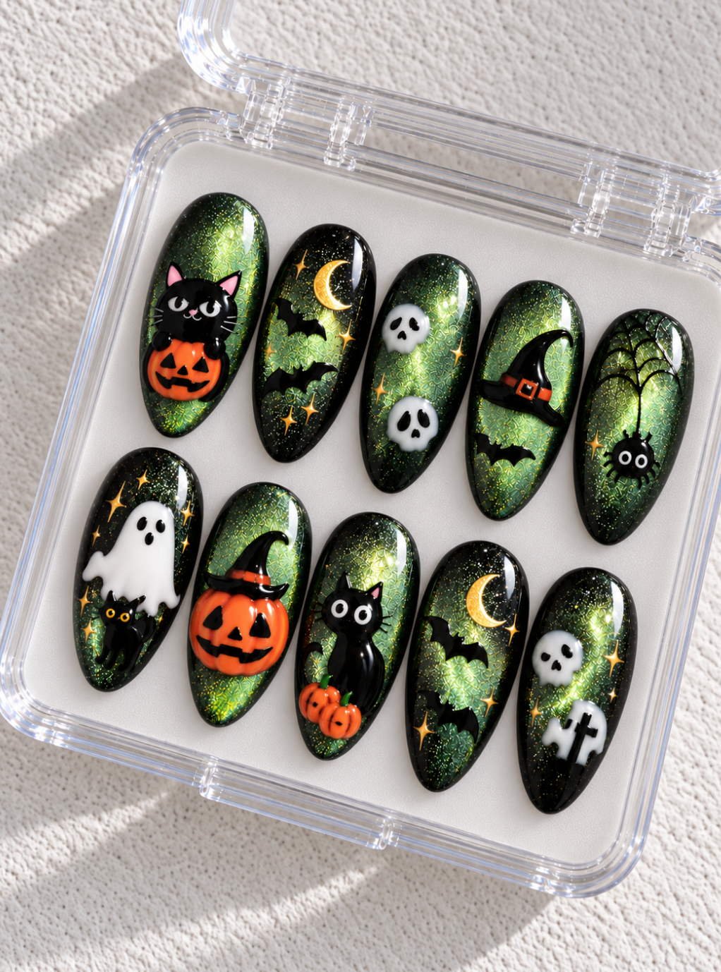 Black Cat Halloween press-on Nails, Green Cat Eye Nails, 3D Ghost Pumpkin Nails, Cute Spooky Witchy Nail Art.