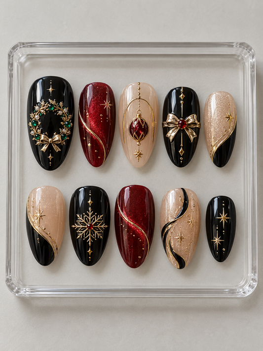 Ten black, burgundy and champagne Christmas press-on nails with gold-colour wreath, bauble, bow, snowflake, stars and curved lines.