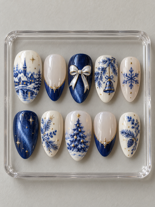 Ten cobalt blue and white Christmas press-on nails with snowy village, tree, botanical sprigs, bell, snowflake, white bow and gold-colour trim.