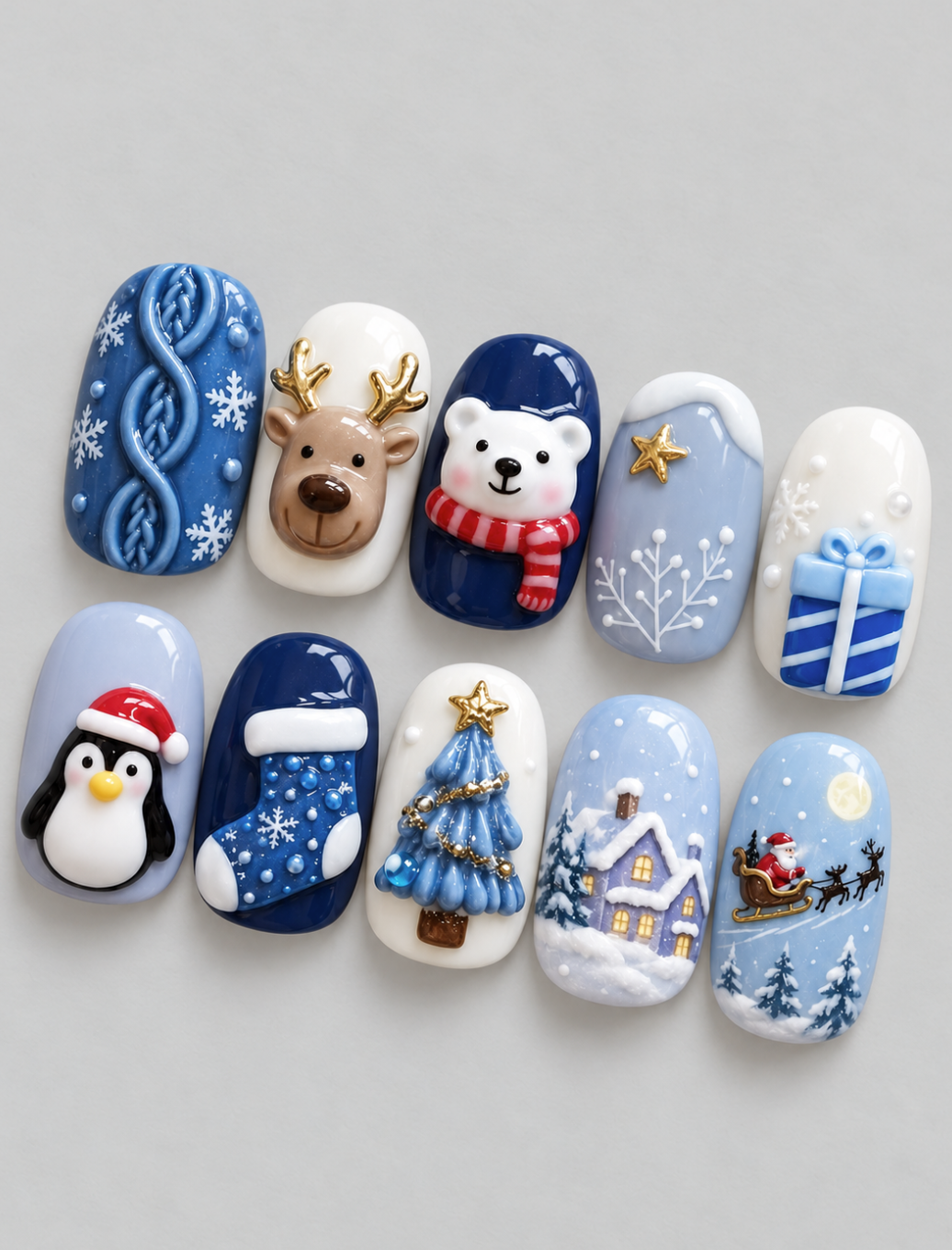 Blue Winter press-on Nails; 3D Polar Bear, Penguin and Snowflake Holiday Nail Art.