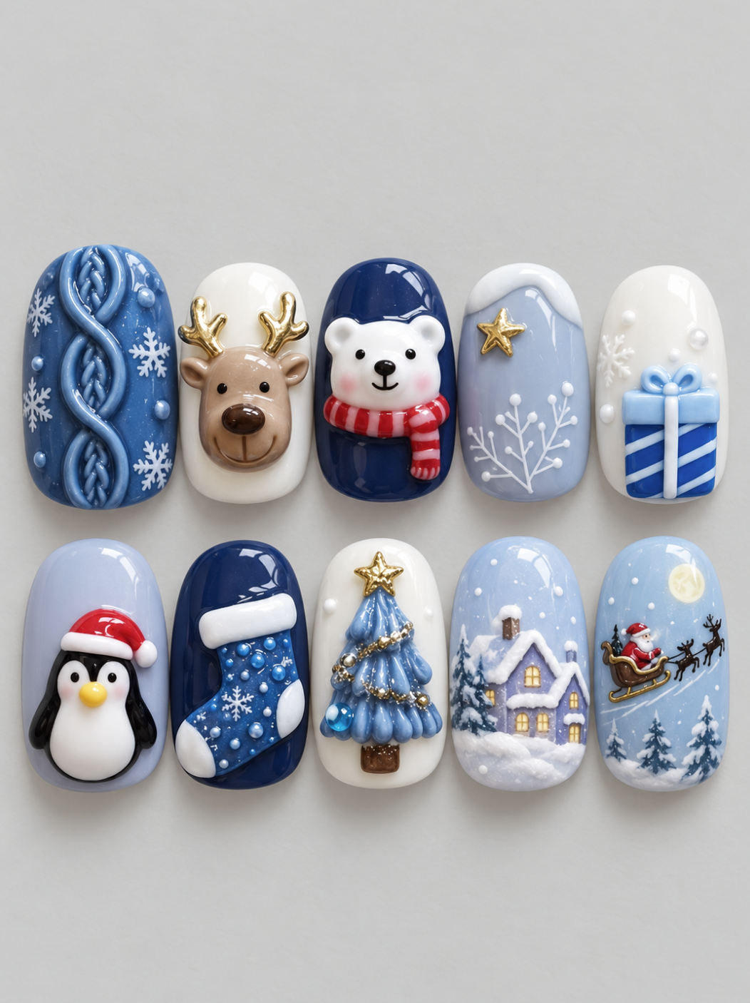 Blue Winter press-on Nails; 3D Polar Bear, Penguin and Snowflake Holiday Nail Art.