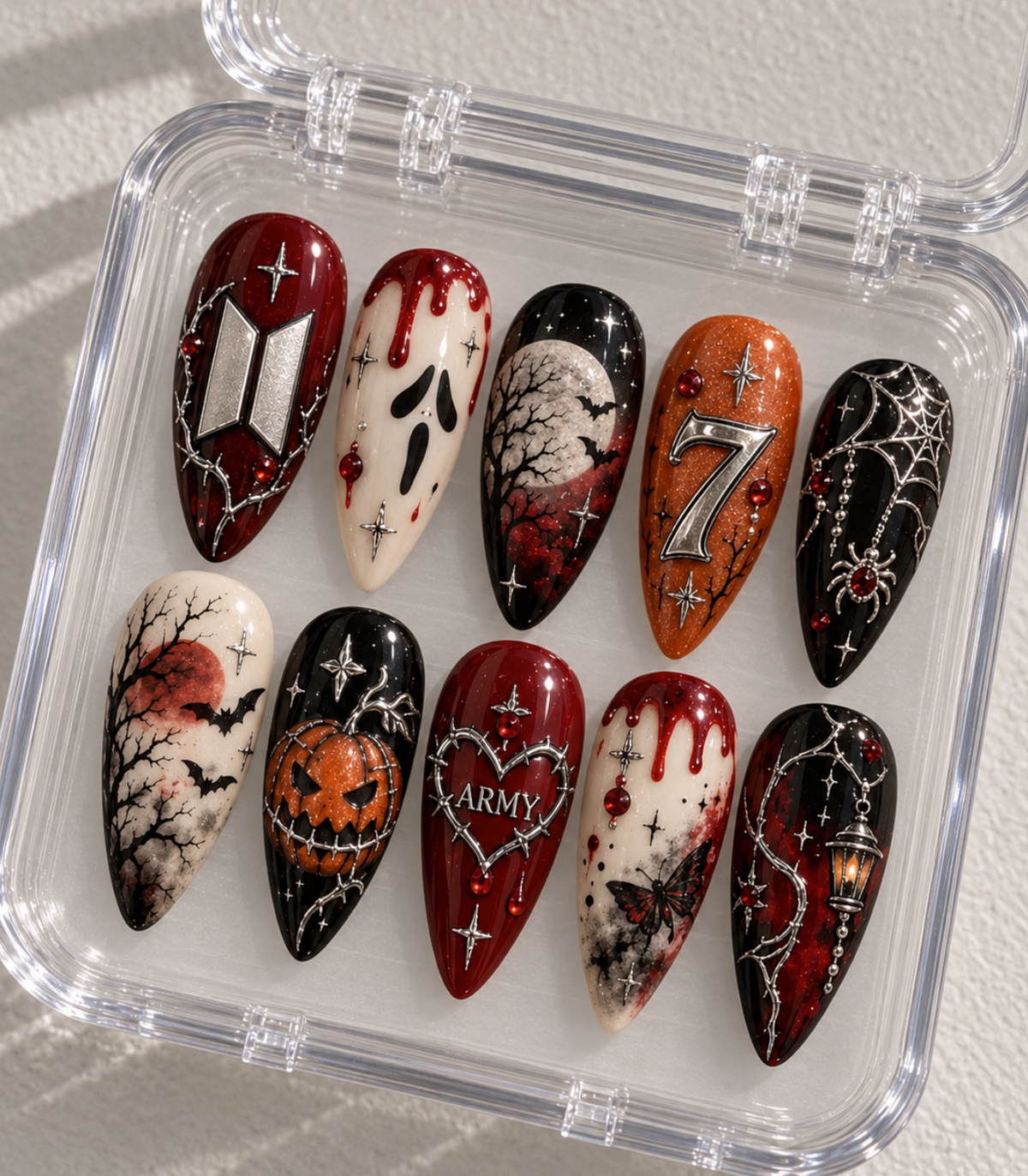 BTS ARMY Halloween press-on Nails, Red Black Horror Nails, Ghostface Pumpkin Spider Web Gothic Kpop Nails.