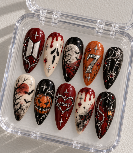 BTS ARMY Halloween press-on Nails, Red Black Horror Nails, Ghostface Pumpkin Spider Web Gothic Kpop Nails.