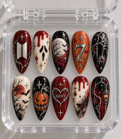 BTS ARMY Halloween press-on Nails, Red Black Horror Nails, Ghostface Pumpkin Spider Web Gothic Kpop Nails.