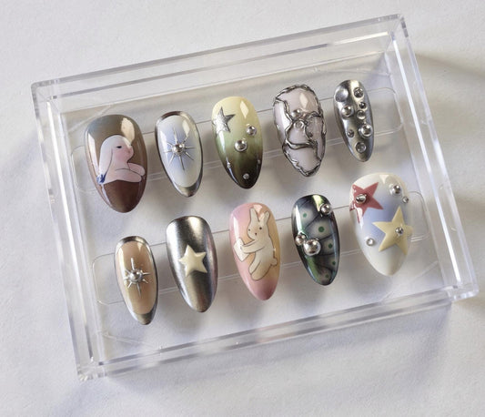 Bunny Star press-on Nails; Dreamy Celestial Nail Art.