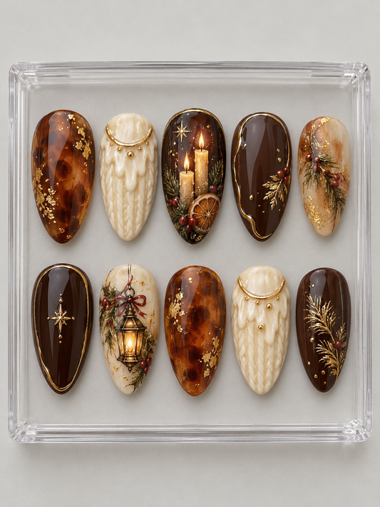 Ten amber, chocolate and cream Christmas press-on nails with glowing candles, lantern, orange slice, pine sprigs, raised cream texture and gold-colour accents.