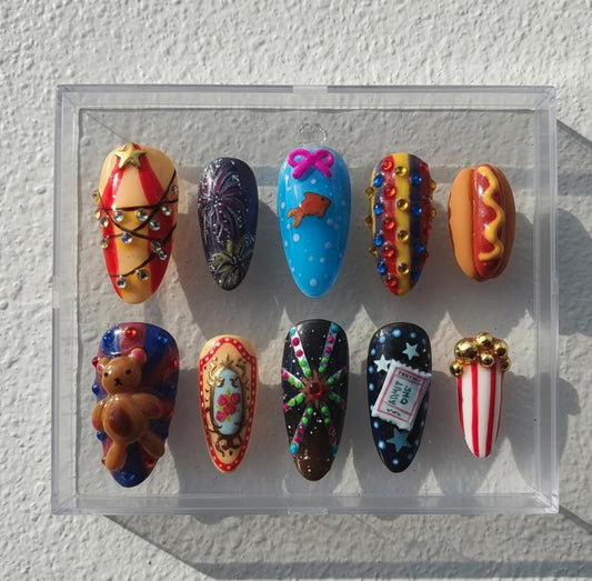 Carnival press-on Nails; Funfair Popcorn and Hotdog 3D Nail Set.
