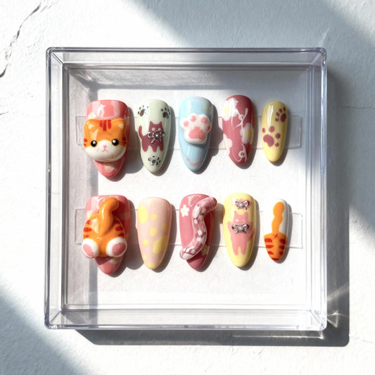Cat Lover press-on Nails; 3D Kitty Nail Art.