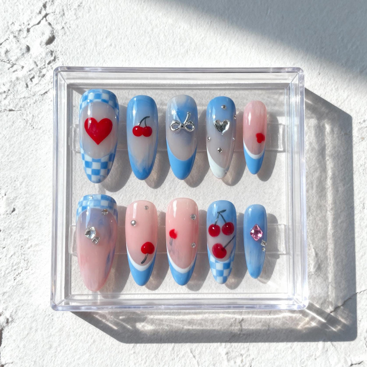 Cherry Blue press-on Nails; Retro Checkered Nail Set.