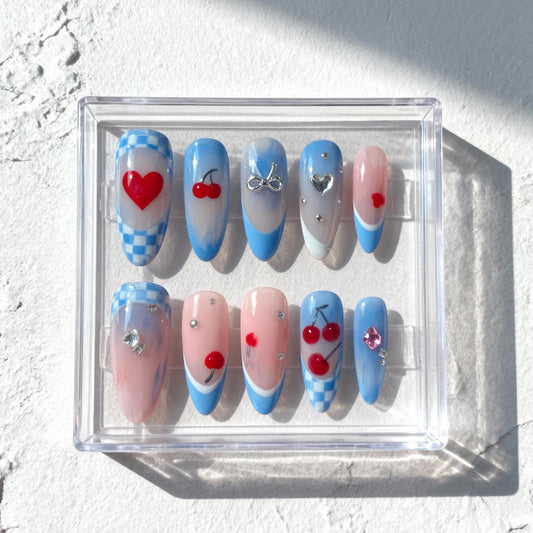 Cherry Blue press-on Nails; Retro Checkered Nail Set.