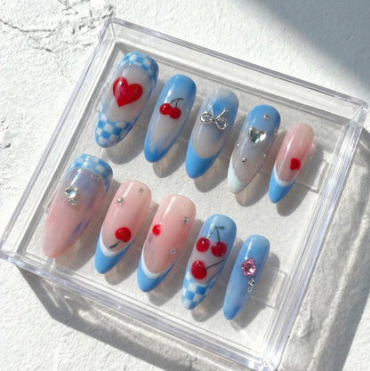 Cherry Blue press-on Nails; Retro Checkered Nail Set.