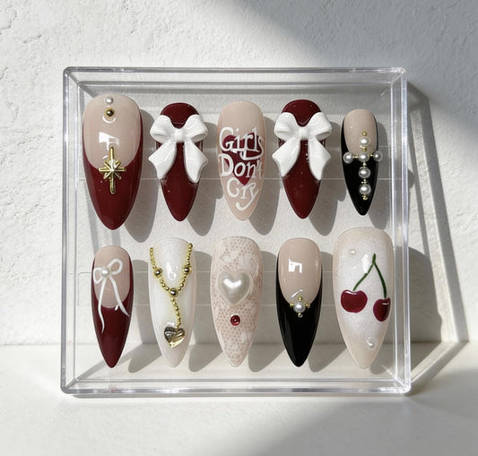Cherry Valentine press-on Nails; Romantic Bow and Pearl Nails.
