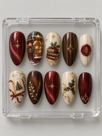 Ten burgundy, chocolate and cream Christmas press-on nails with snowy bookshop, antique books, holly, gold-colour flourishes and wax-seal-style detail.