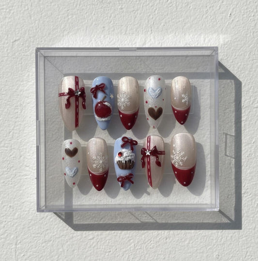 Christmas Bow and Snowflake press-on Nails; Red Blue Holiday Nail Set.