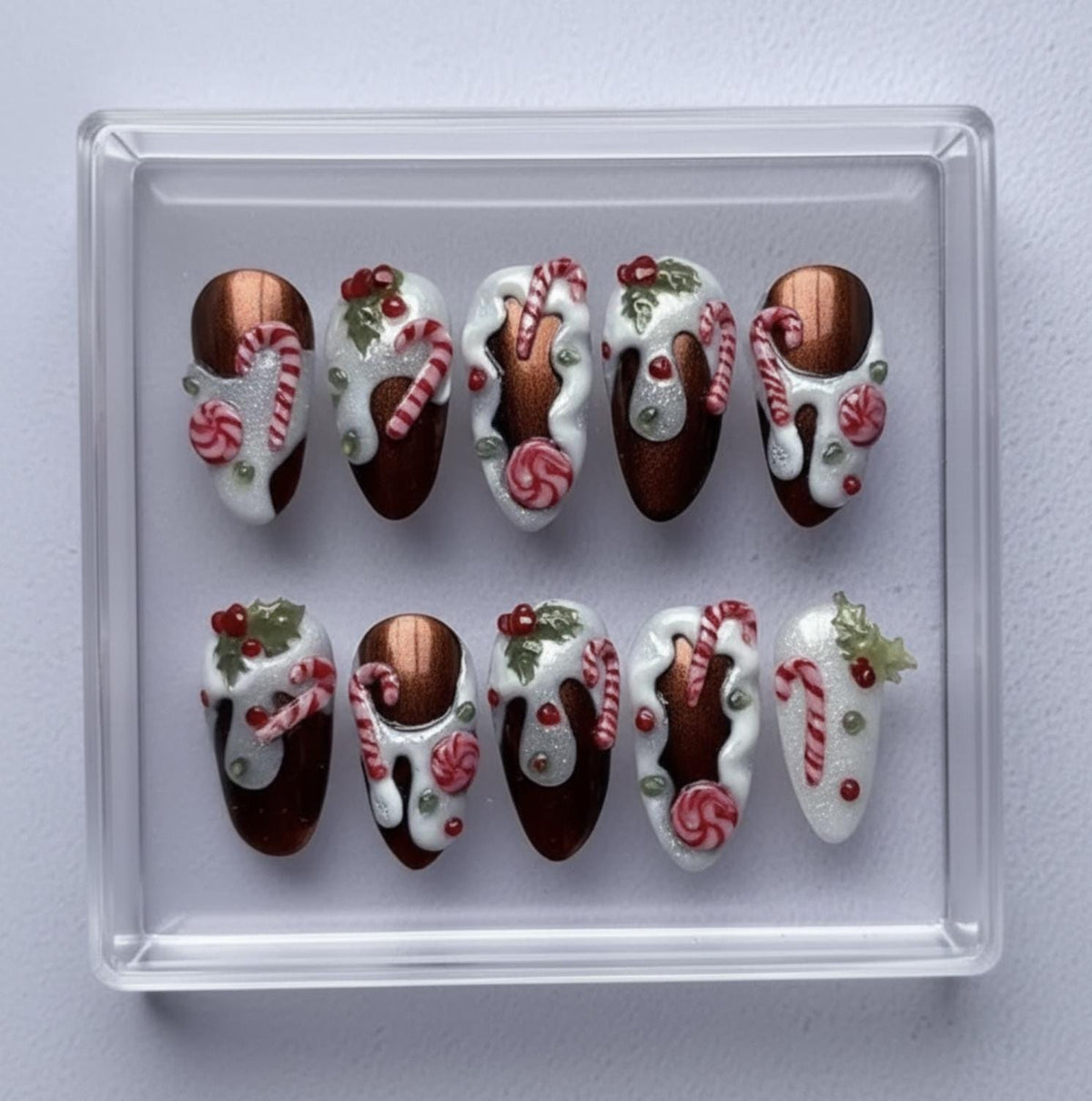 Christmas Candy Drip press-on Nails; 3D Candy Cane and Peppermint Nail Art.